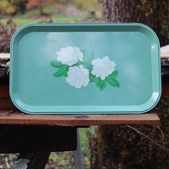 Vintage Tin Litho Serving TV Tray, Jade, Mint, Green, Camellia Blossom Design - Picture 3 of 14